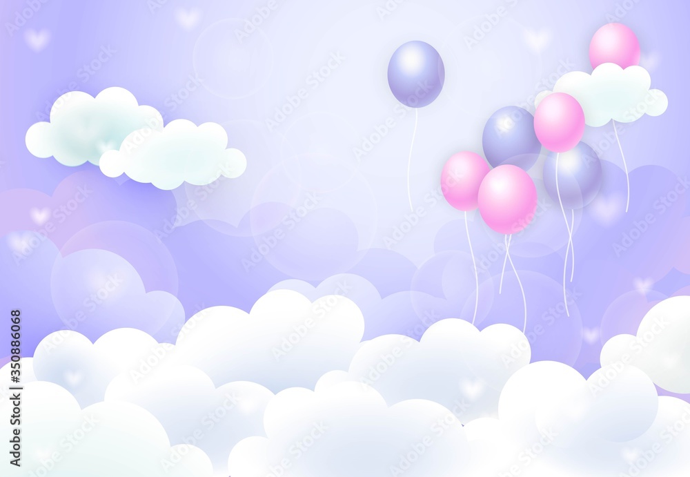 Pink and purple balloons flying among white clouds. Childhood, party, Valentines Day. Holiday concept. illustration can be used for banners, greeting cards, leaflets