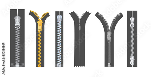 Metallic silver golden zipper with pulls. Realistic differents fastener with pullers for cloth, dress, pants, shoes or bags. Open and closed lock. Vector zipper isolated