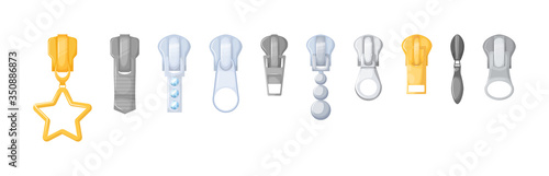 Realistic zipper for fasteners. Sliders puller set. Clasp in metallic golden material for cloth, dress, pants, shoes or bags detail for stylish clothing design vector