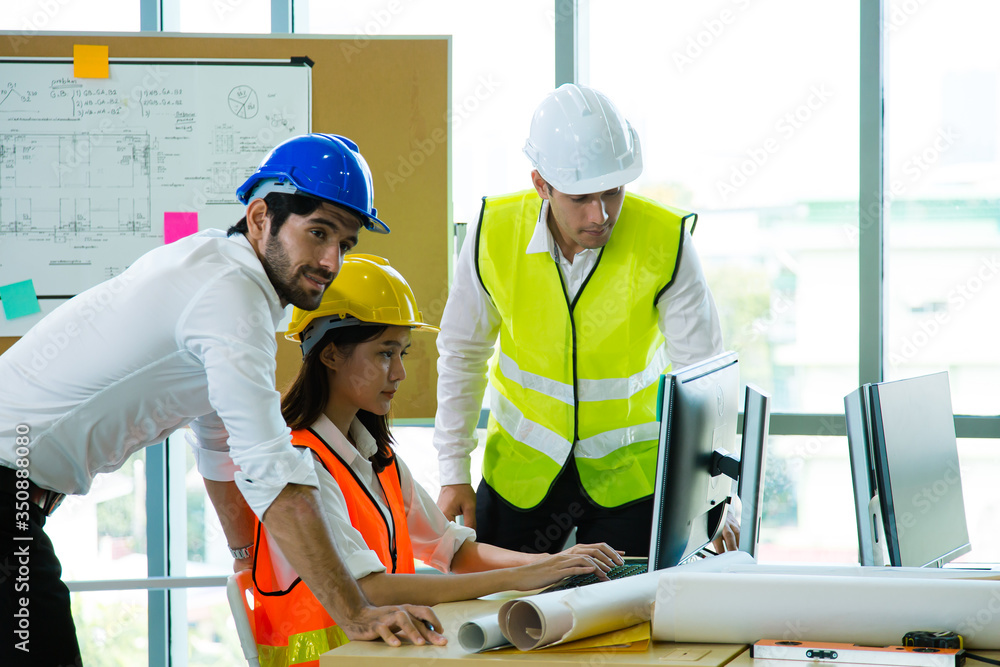 Group of creative building architect construction engineer project meeting and brainstorm together. Industry, Engineer, construction concept. Group of creative building architect construction engineer project meeting and brainstorm together. Industry, Engineer, construction concept.