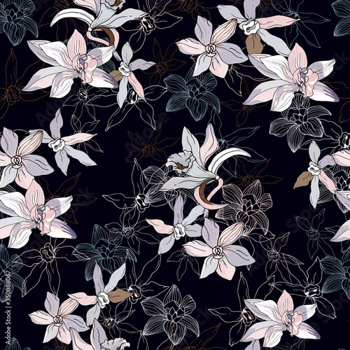 Floral seamless dark pattern. Delicate pink flowers on a black background. Contrasting endless texture for fabric and textile.