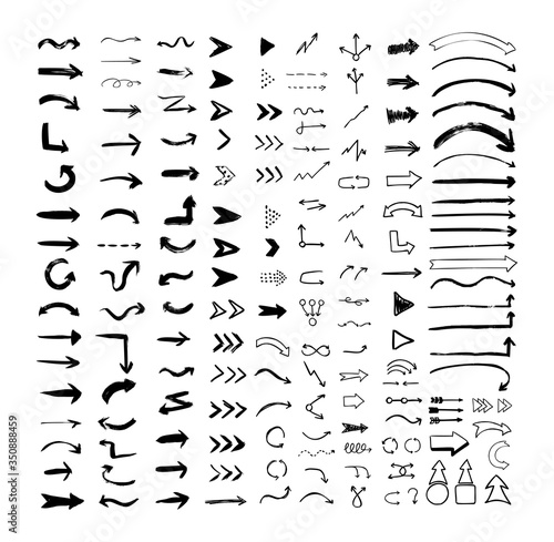 Vector collection of texturing arrows. Big set of grunge pointers, signs, cursors, navigations and interface elements in doodle style. 