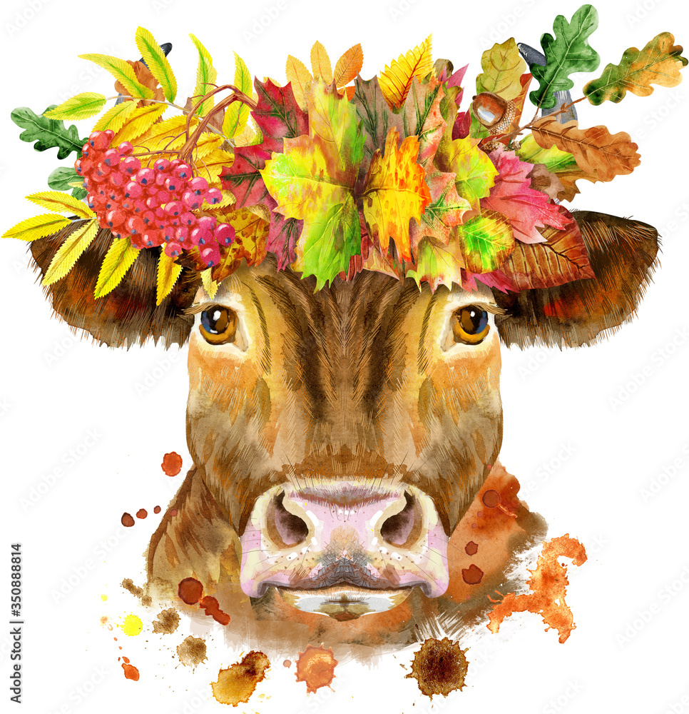 Plakat Watercolor illustration of a red bull in wreath of autumn leaves