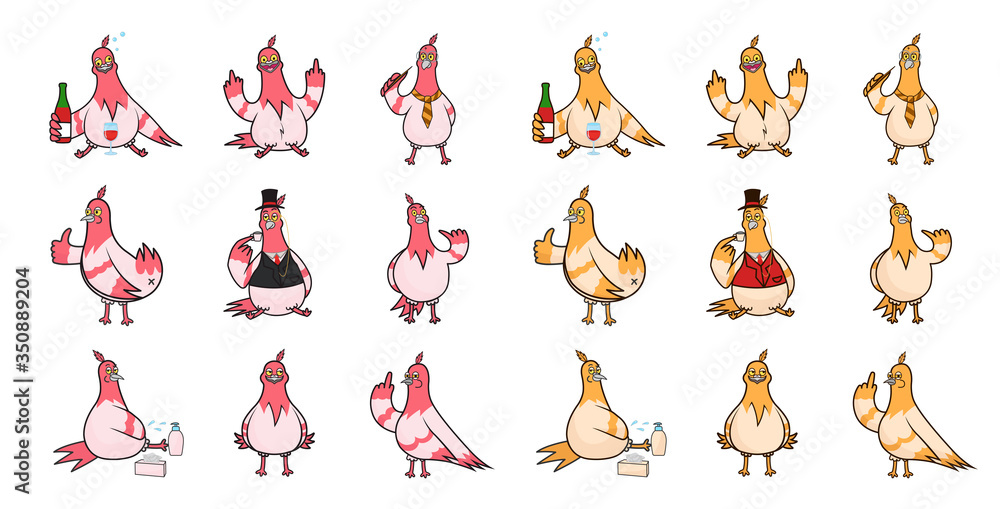 Collection of vector funny prints with Doves. Set of stickers with vulgar birds: alcoholic, egghead, fool, tosser. Templates of illustrations for t-shirts.