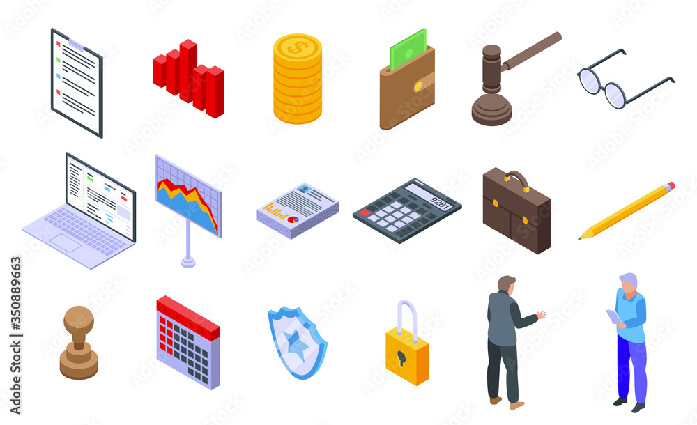 Audit icons set. Isometric set of audit vector icons for web design isolated on white background Audit icons set. Isometric set of audit vector icons for web design isolated on white background
