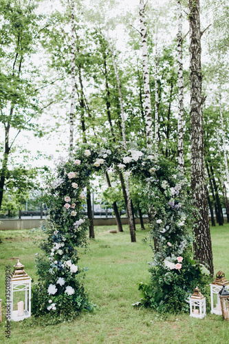 Ceremony area. Wedding flower arch.