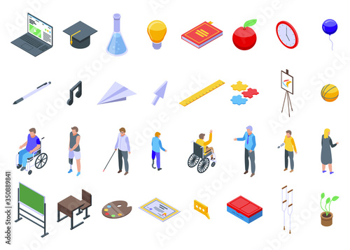 Inclusive education icons set. Isometric set of inclusive education vector icons for web design isolated on white background