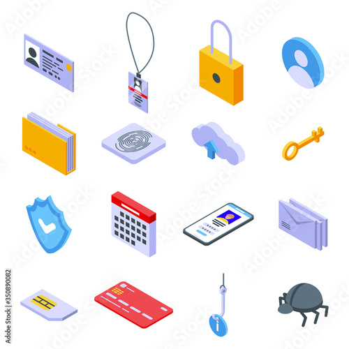 Personal information icons set. Isometric set of personal information vector icons for web design isolated on white background