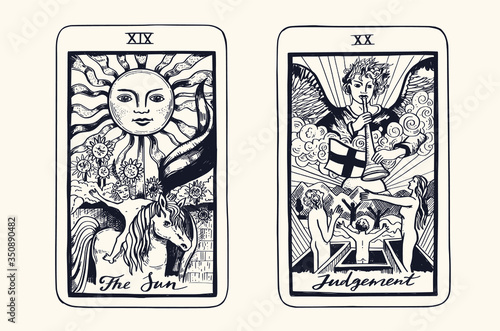 Tarot card deck.  Major arcana set part  . Vector hand drawn engraved style. Occult and alchemy symbolism. 