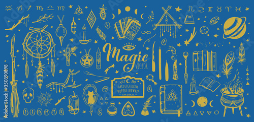 Witchcraft, magic background for witches and wizards. Wicca and pagan tradition. Vector vintage collection. Hand drawn elements: candles, book of shadows, potion, tarot cards etc.