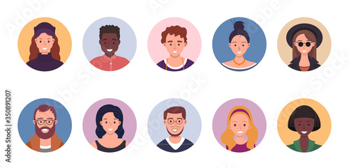 People avatar bundle set. User portraits. Different human face icons. Male and female characters. Smiling men and women characters. Flat cartoon style vector illustration