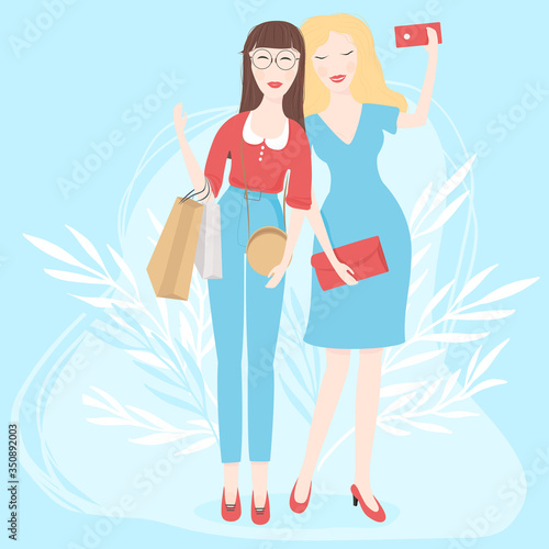 Fashionable women take selfies on their phone. Flat design.