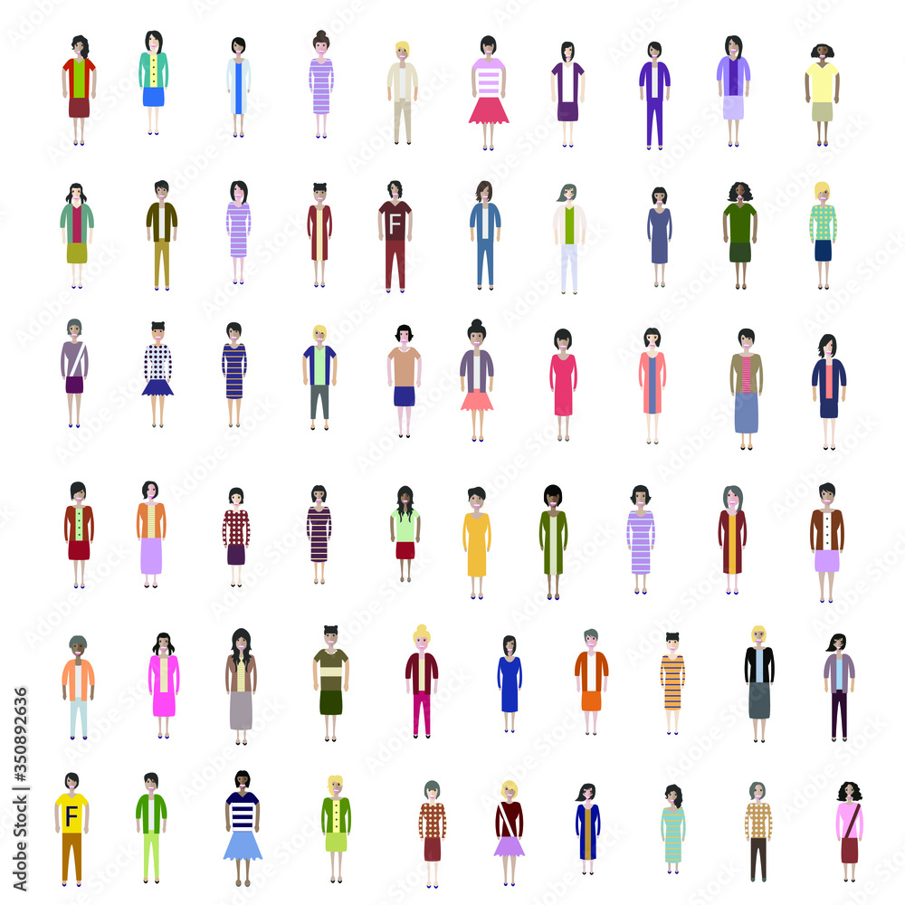 Set of full body diverse business people. Fashion woman, female, girls stay on white background. Vector illustration flat style. Work and Team concept
