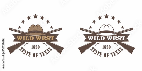 Set of color illustrations cowboy hat, crossed guns, stars, ribbon with text on a white background. Vector illustration on the theme of the wild west. American Western.