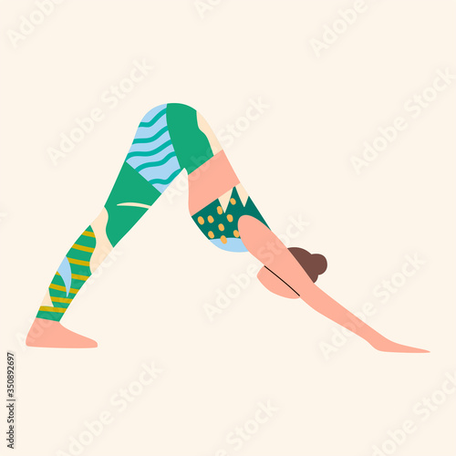 Woman wearing colorful clothes doing yoga. Female in bright sportswear working out. Health care. sport and lifestyle concept. Girl in top and leggins with abstract patterns. Flat vector illustration