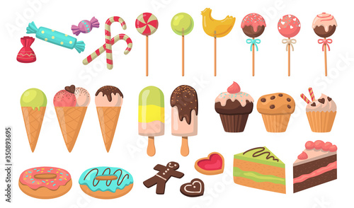 Tasty colorful sweets set. Lollipop, candy, caramel, ice cream, cupcake, cake, biscuit. Vector illustration for confectionery, sweet food, dessert, pastry, kids party concept.