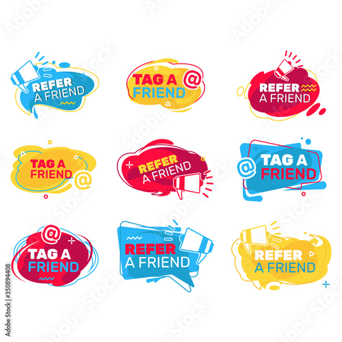 Refer a friend announcement elements set. Dynamic organic shapes with loudspeakers and text. Vector illustrations for referral program, recommending, network, business concept