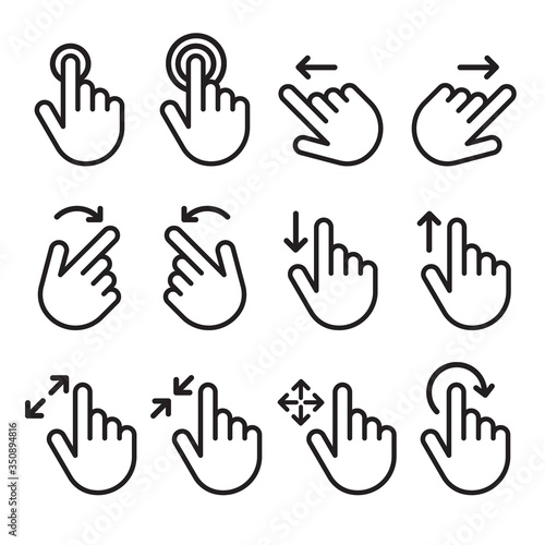 Touch gesture vector line icon set. Hand swipe and slide. Touchscreen technology, tap on screen, drag and drop. Smartphone mobile app or user interface design template. 
