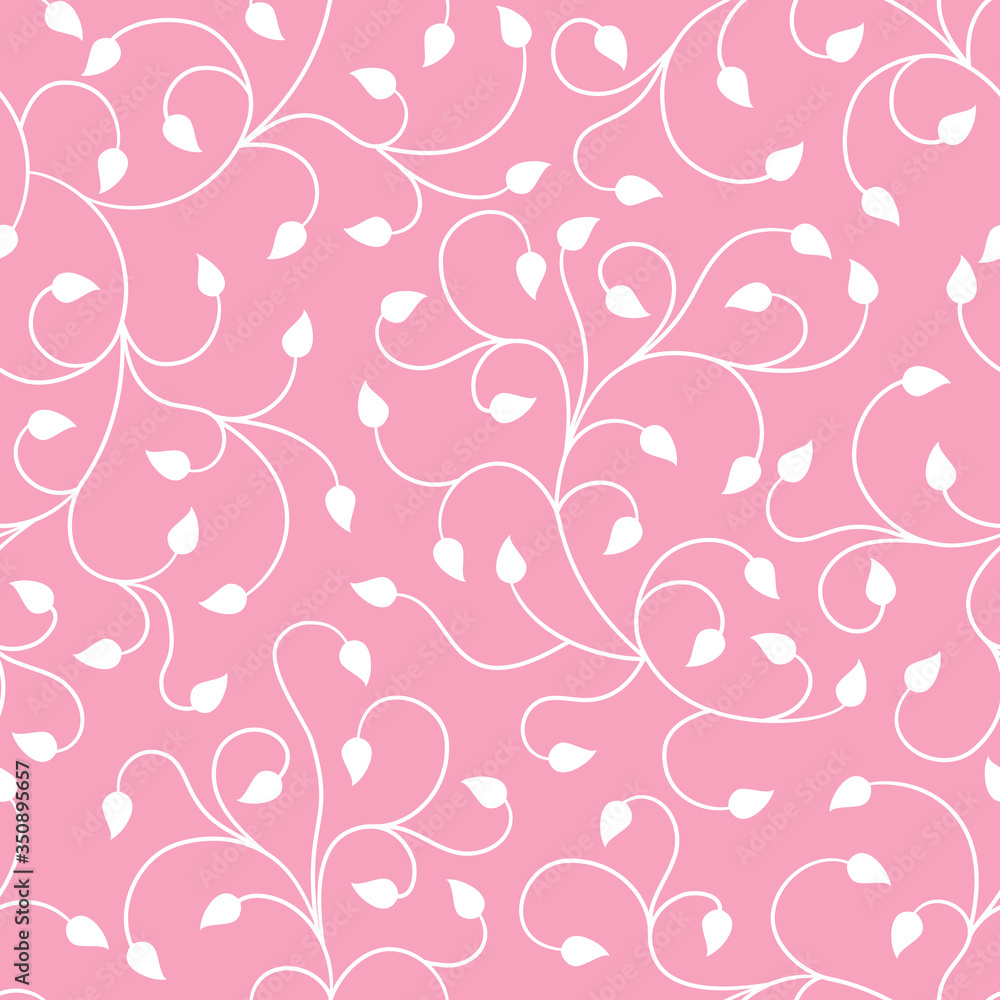Swirl branches with leaves vetor seamless pattern pink and white. Great for wallpaper, backgrounds, invitations, packaging, design projects, textile scrapbooking .