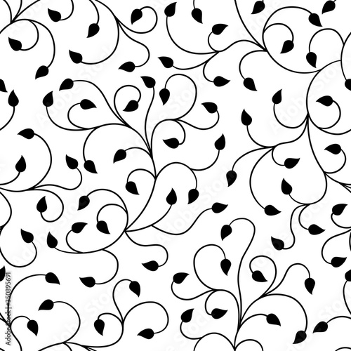 Swirl branches with leaves vetor seamless pattern black and white Great for wallpaper, backgrounds, invitations, packaging, design projects, textile scrapbooking .