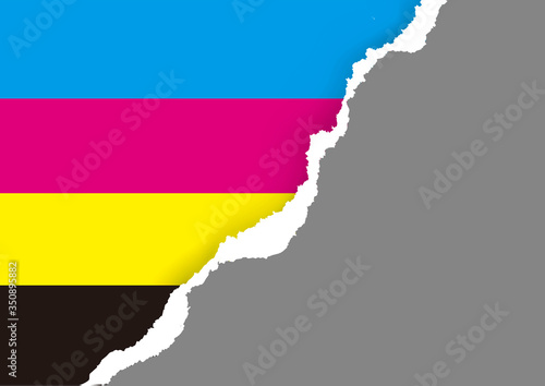 Ripped paper with print colors stripes. 
Torn paper with cmyk colors. Background for presenting color printing. Vector available.