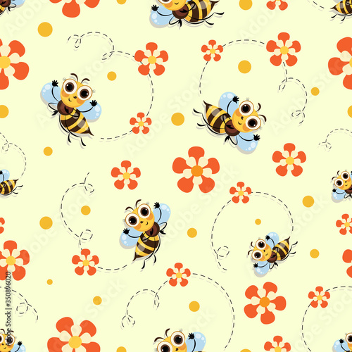 Funny bees. Flowers. Swarm bees meadow. Wild bee fly among the flowers. Background, seamless pattern © velishchuknatali