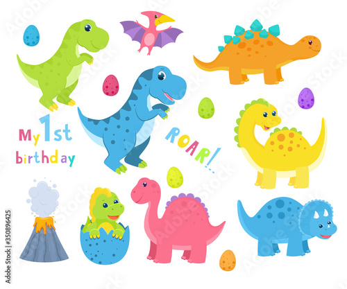 Fototapeta Naklejka Na Ścianę i Meble -  Clip art with cute cartoon vector dinosaurs for kids