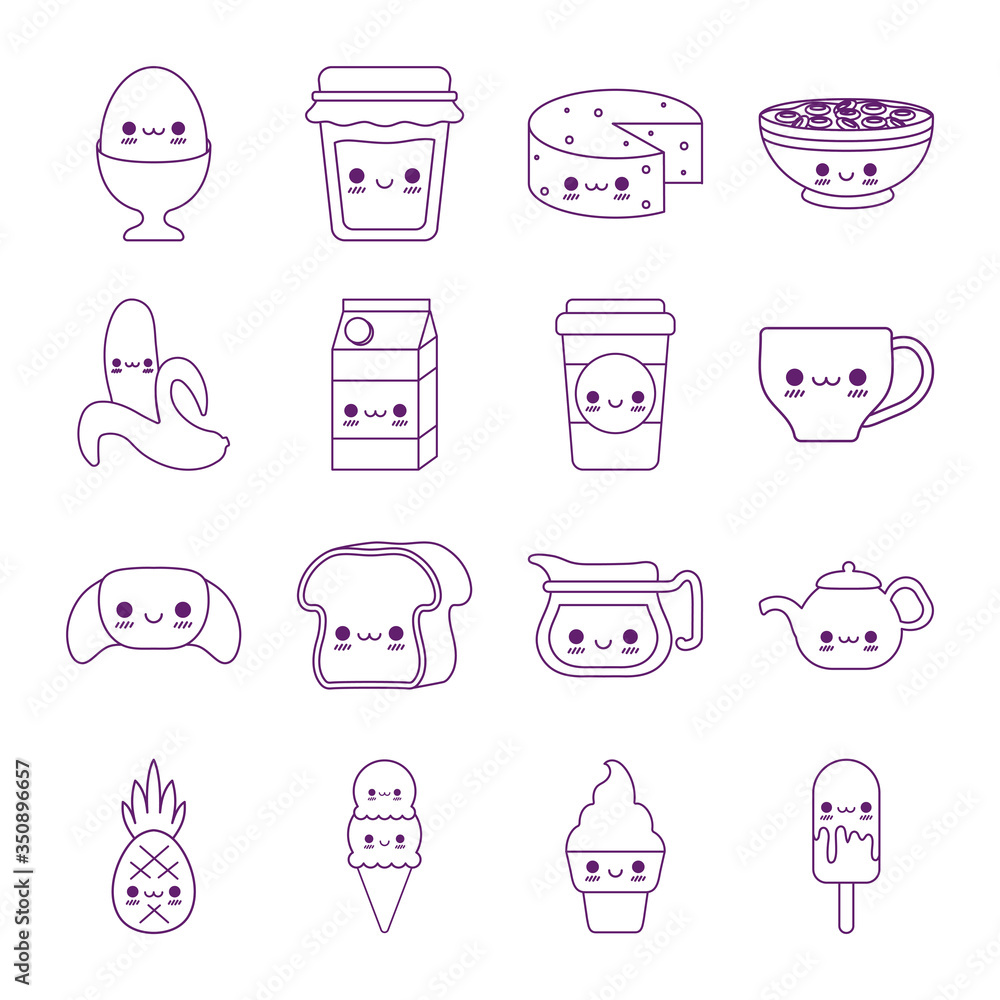 Kawaii food cartoons line style icon set vector design Kawaii food cartoons line style icon set vector design