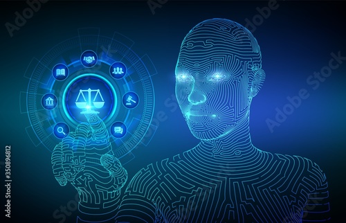 Labor law, Lawyer, Attorney at law, Legal advice concept on virtual screen. Internet law and cyberlaw as online lawyer advice. Wireframed cyborg hand touching digital interface. Vector illustration.