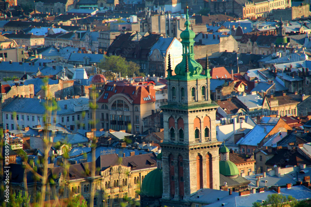 Roofs of the city of Lviv on a summer evening