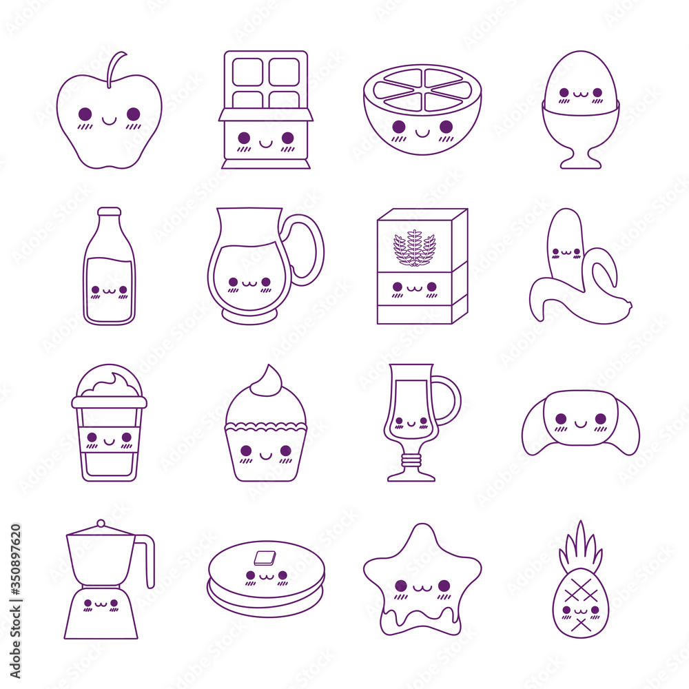 Kawaii food cartoons line style icon set vector design Kawaii food cartoons line style icon set vector design