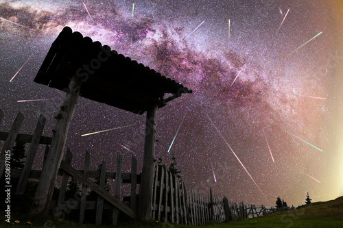 Purple Milky way falling stars wooden door photo