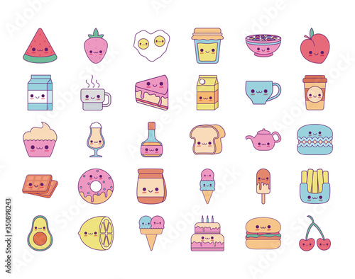Kawaii food cartoons line and fill style icon set vector design