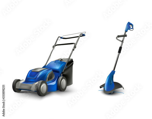 blue electric lawn mower lawn mowing machine.