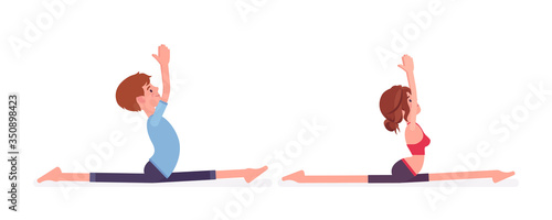 Young yogi man, woman in sport wear practicing yoga, partners doing Monkey God pose, Splits, Hanumanasana exercise, yogic practice for physical health. Vector flat style cartoon illustration side view