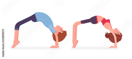 Young yogi man and woman in sports wear practicing yoga, partners doing Bridge pose, Urdhva Dhanurasana exercise, stress-free yogic practice. Vector flat style cartoon illustration, side view
