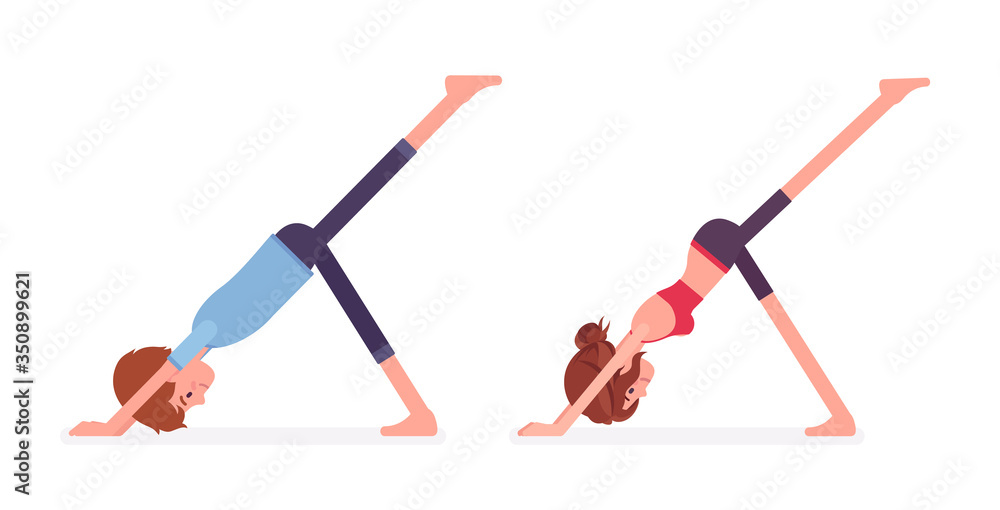 Young yogi man, woman in sports wear practicing yoga, partners doing downward facing dog pose, eka pada adho mukha svanasana exercise, yogic practice. Vector flat style cartoon illustration, side view Young yogi man, woman in sports wear practicing yoga, partners doing downward facing dog pose, eka pada adho mukha svanasana exercise, yogic practice. Vector flat style cartoon illustration, side view
