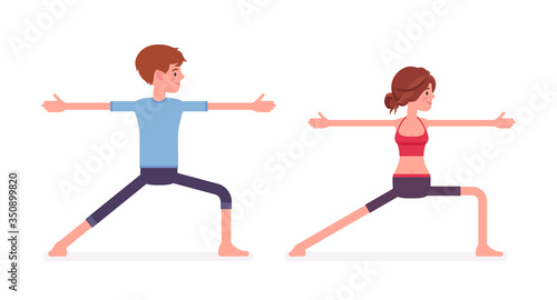 Young yogi man, woman in sports wear practicing yoga, partners doing Warrior two pose, Virabhadrasana 2 exercise, yogic practice for physical and mental health. Vector flat style cartoon illustration