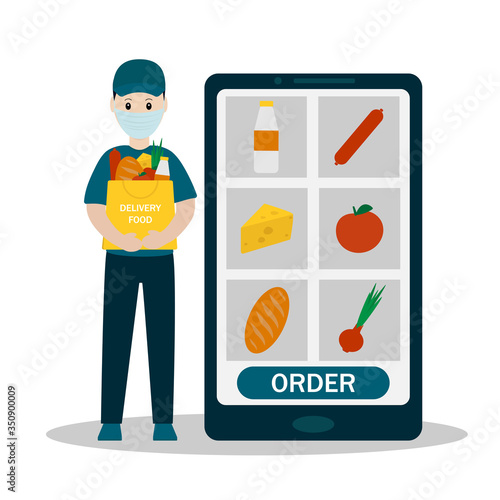 Food delivery online on website or mobile application. 
The courier will safely deliver the order home.Vector illustration flat.