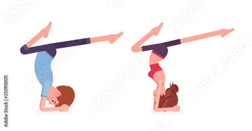 Young yogi man and woman in sports wear practicing yoga, partners doing Pincha Mayurasana pose, handstand exercise, stress-free yogic practice. Vector flat style cartoon illustration, side view