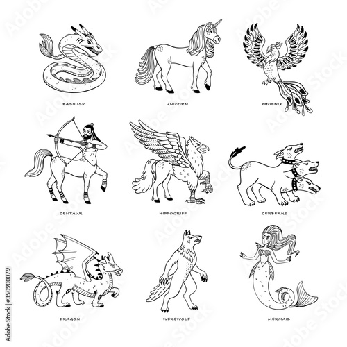 Magical creatures set. Mythological animals. Doodle style black and white vector illustration isolated on white background. Tattoo design or coloring page, Line Art.