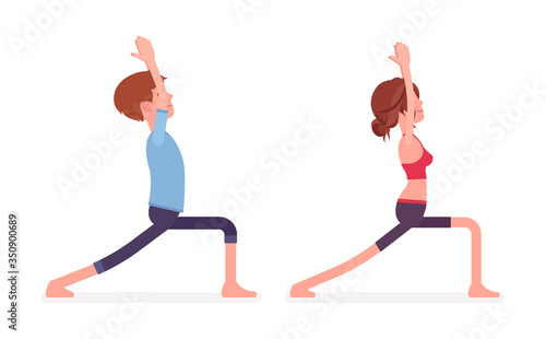 Young yogi man and woman in sports wear practicing yoga, partners doing Warrior one pose, Virabhadrasana 1 exercise, stress-free yogic practice. Vector flat style cartoon illustration, side view