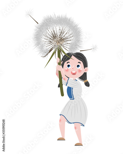 Cute cartoon girl in a simple dress holds on to a large fluffy dandelion with seeds that blows in the wind. Taraxacum officinale. Children's vector illustration