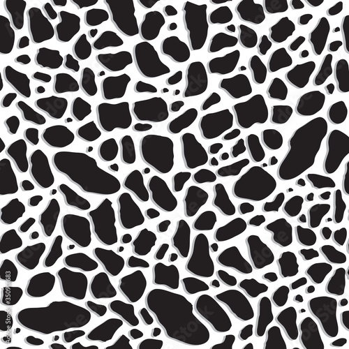 Abstract two-tone pattern, seamless print of contrasting colors, black stones on a white background, imitation of terrazzo. Ideal for any your bold design or advertising project.