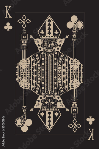 King skull card clubs. Pope with hat and symbols vector, black and white.
