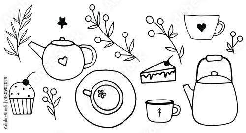 Set of hand drawn doodle tea time elements. Teapots, cups, candies, leaves and berries. Doodle tea cups, coffee cups and teapots. Illustration for cards, posters, menu design.