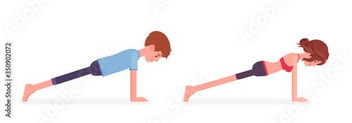 Young yogi man and woman in sports wear practicing yoga, partners doing Plank pose, Push ups or press ups exercise, stress-free yogic practice. Vector flat style cartoon illustration, side view