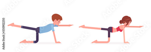 Young yogi man and woman in sports wear practicing yoga, partners doing Donkey, Kick pose, Bird dog exercise, yogic practice for physical health. Vector flat style cartoon illustration, side view