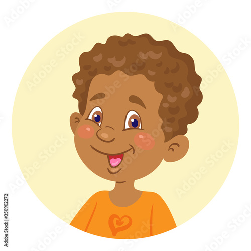 Portrait of a cute african american little boy. Avatar icon in the circle. In cartoon style. Isolated on white background. Vector  flat illustration.
