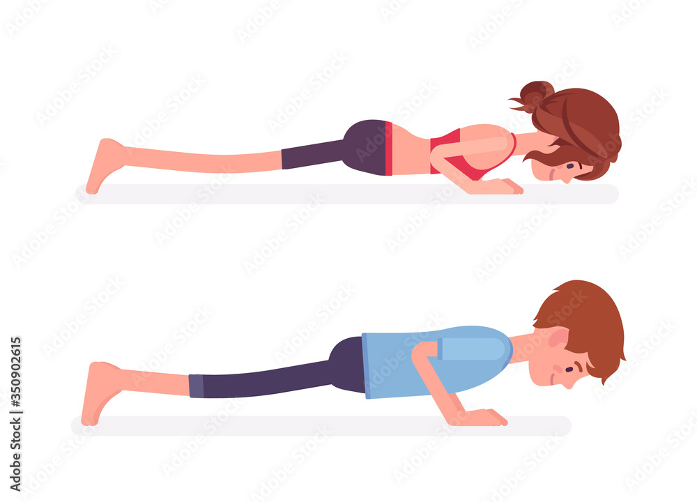 Young yogi man, woman in sports wear practicing yoga, partners doing Push ups or press ups pose, chaturanga dandasana exercise, stress-free yogic practice. Vector flat style cartoon illustration Young yogi man, woman in sports wear practicing yoga, partners doing Push ups or press ups pose, chaturanga dandasana exercise, stress-free yogic practice. Vector flat style cartoon illustration